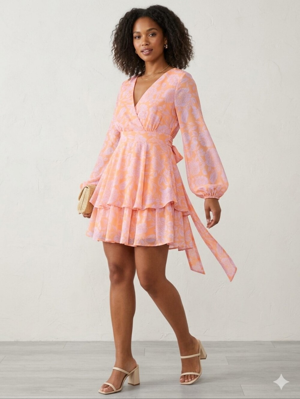 Japna Orange Floral Long-Sleeve Wrap Dress with Pink Print - Size Small BNWOT